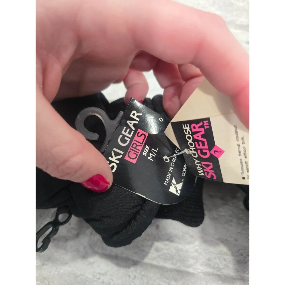 Girls Thinsulate 80s Neon Geometric Snow Mittens Black Waterproof NOS New